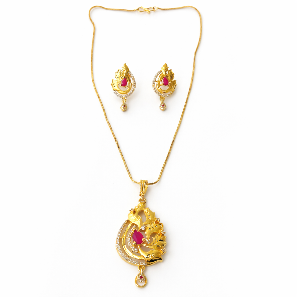 Red Ruby & Solitaire Cubic Zirconia American Diamond 1 Micron Gold Plated Pendant Set