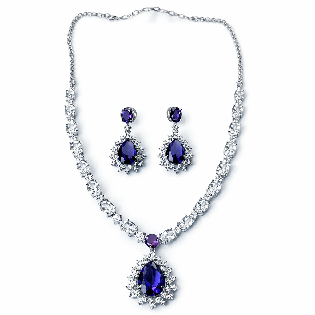 Purple Amethyst Cubic Zirconia American Diamond Silver Plated Necklace Set