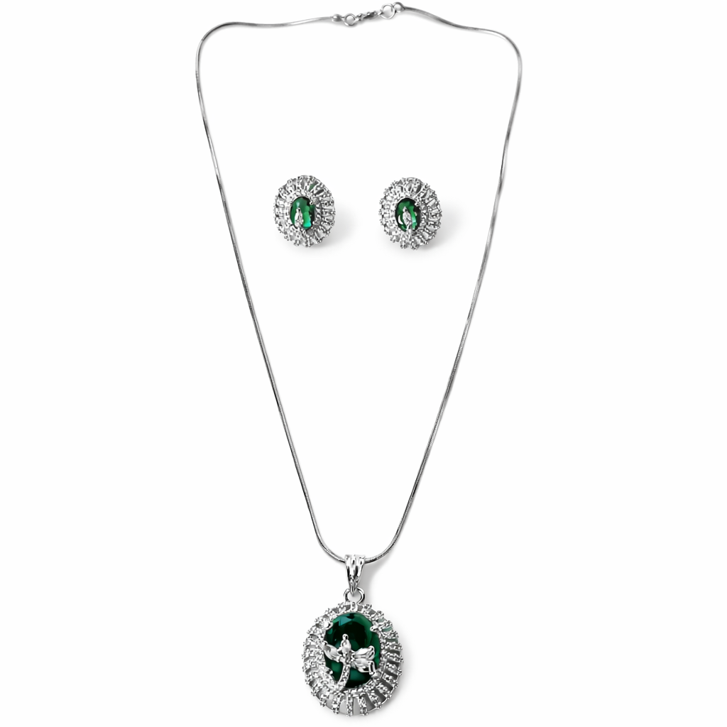 Green Emerald Cubic Zirconia American Diamond Silver Plated Pendant Set