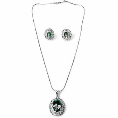 Green Emerald Cubic Zirconia American Diamond Silver Plated Pendant Set