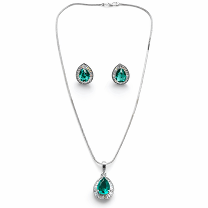 Sea Green Topaz Cubic Zirconia American Diamond Silver Plated Pendant Set