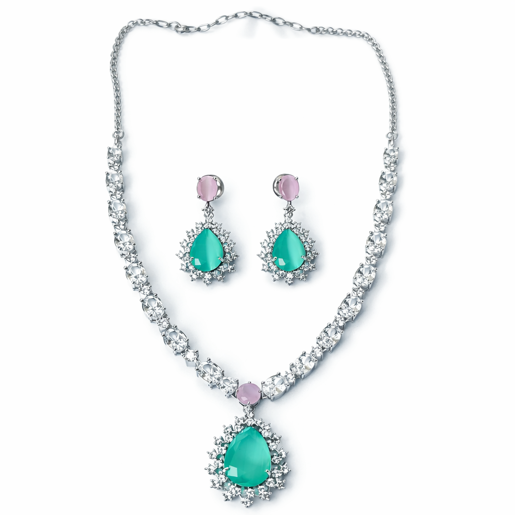 Mint Green Topaz & Pink Topaz Cubic Zirconia American Diamond Silver Plated Necklace Set