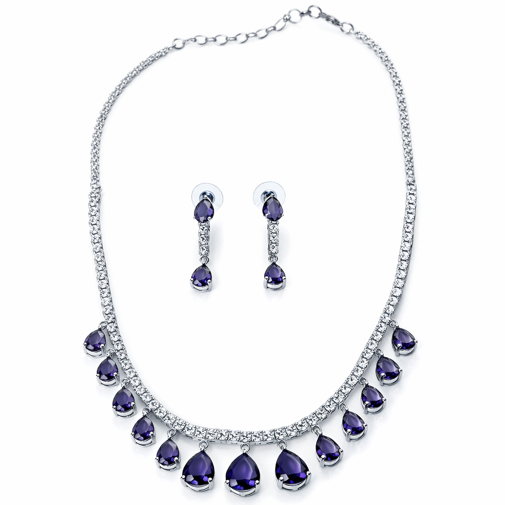 Purple Amethyst Cubic Zirconia American Diamond Silver Plated Necklace Set