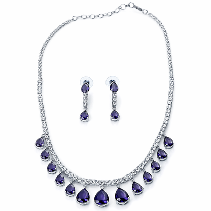 Purple Amethyst Cubic Zirconia American Diamond Silver Plated Necklace Set