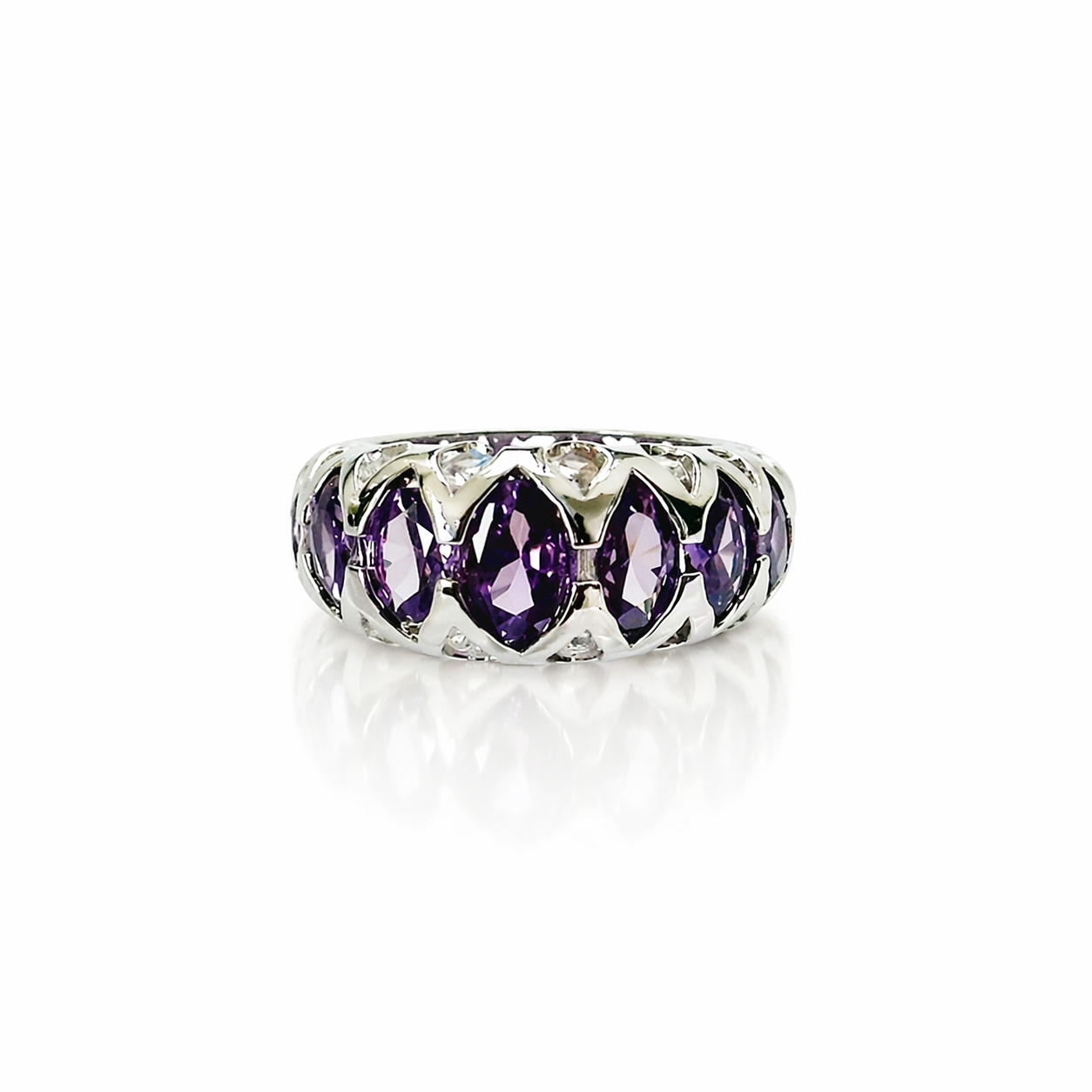 Purple Amethyst Cubic Zirconia Ice Cut American Diamond Silver Plated Adjustable Ring