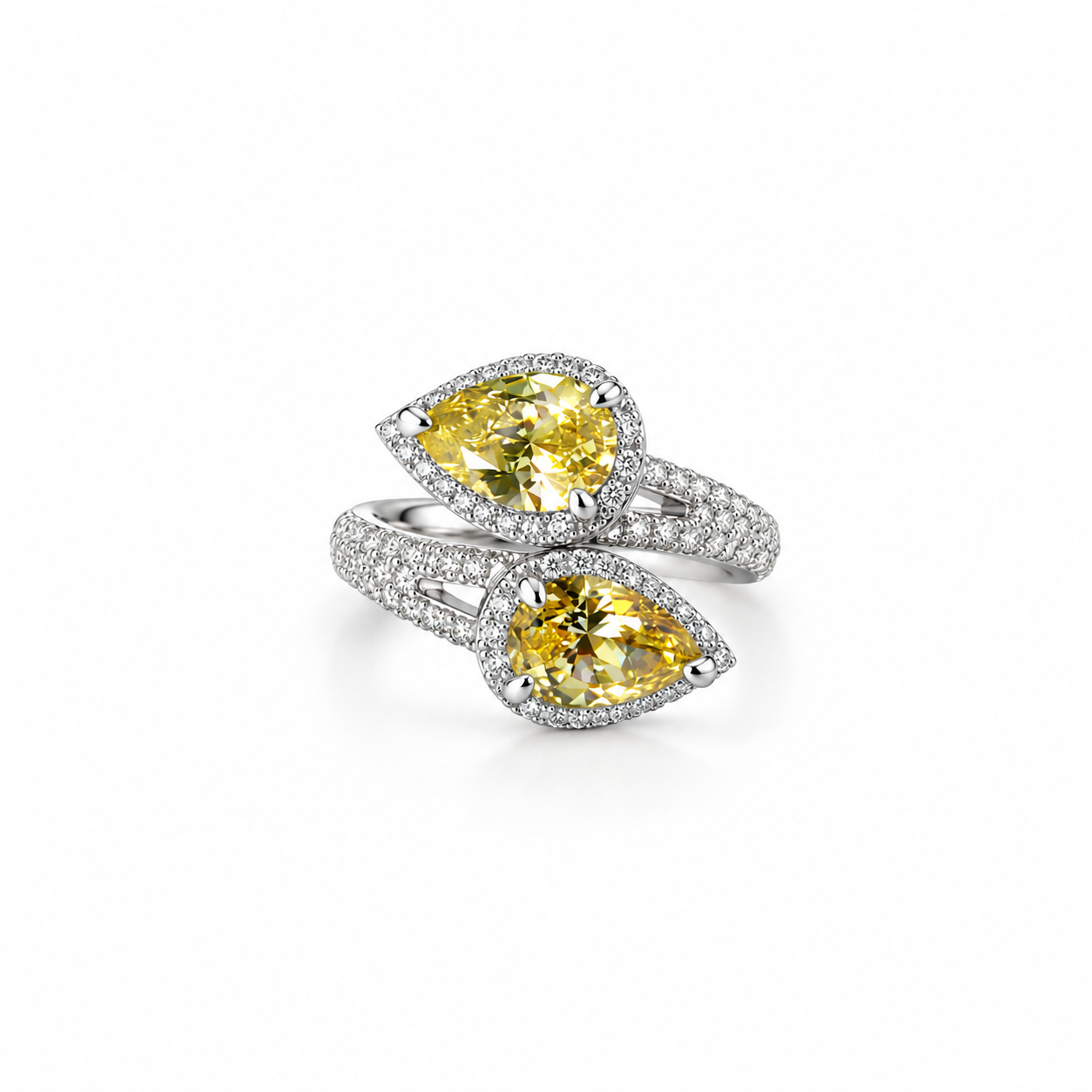 Yellow Topaz Cubic Zirconia Ice Cut American Diamond Silver Plated Adjustable Ring