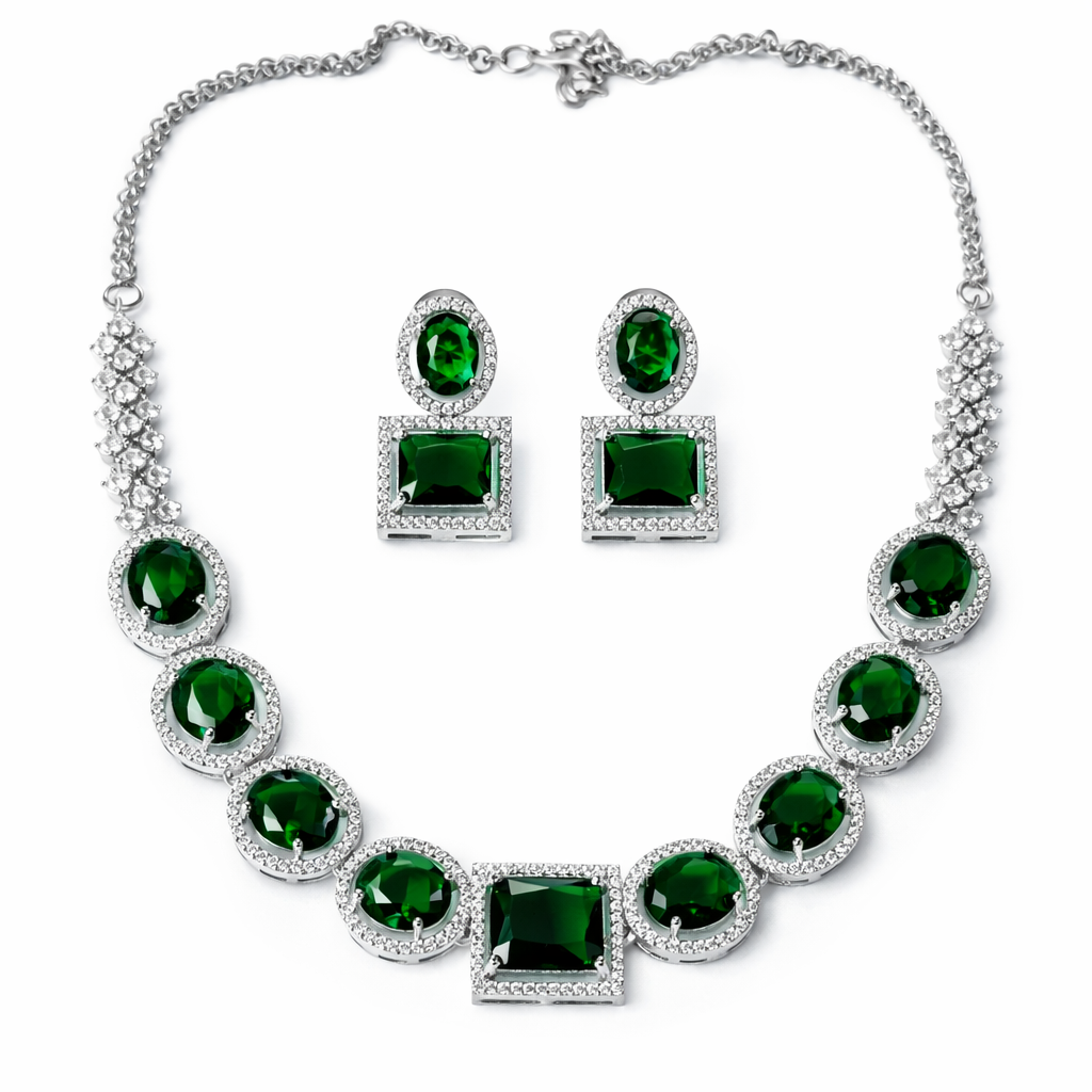 Green Emerald Cubic Zirconia American Diamond Silver Plated Necklace Set