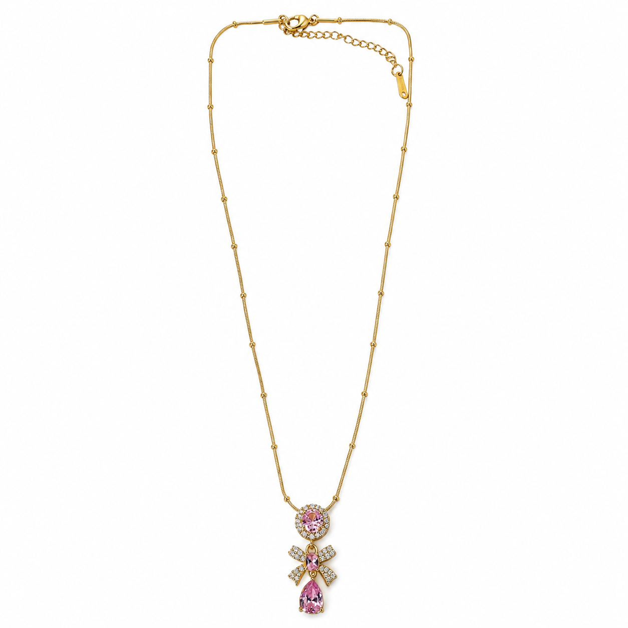 Pink Topaz Cubic Zirconia Tulip Design American Diamond Gold Plated Stainless Steel Necklace