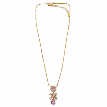 Pink Topaz Cubic Zirconia Tulip Design American Diamond Gold Plated Stainless Steel Necklace