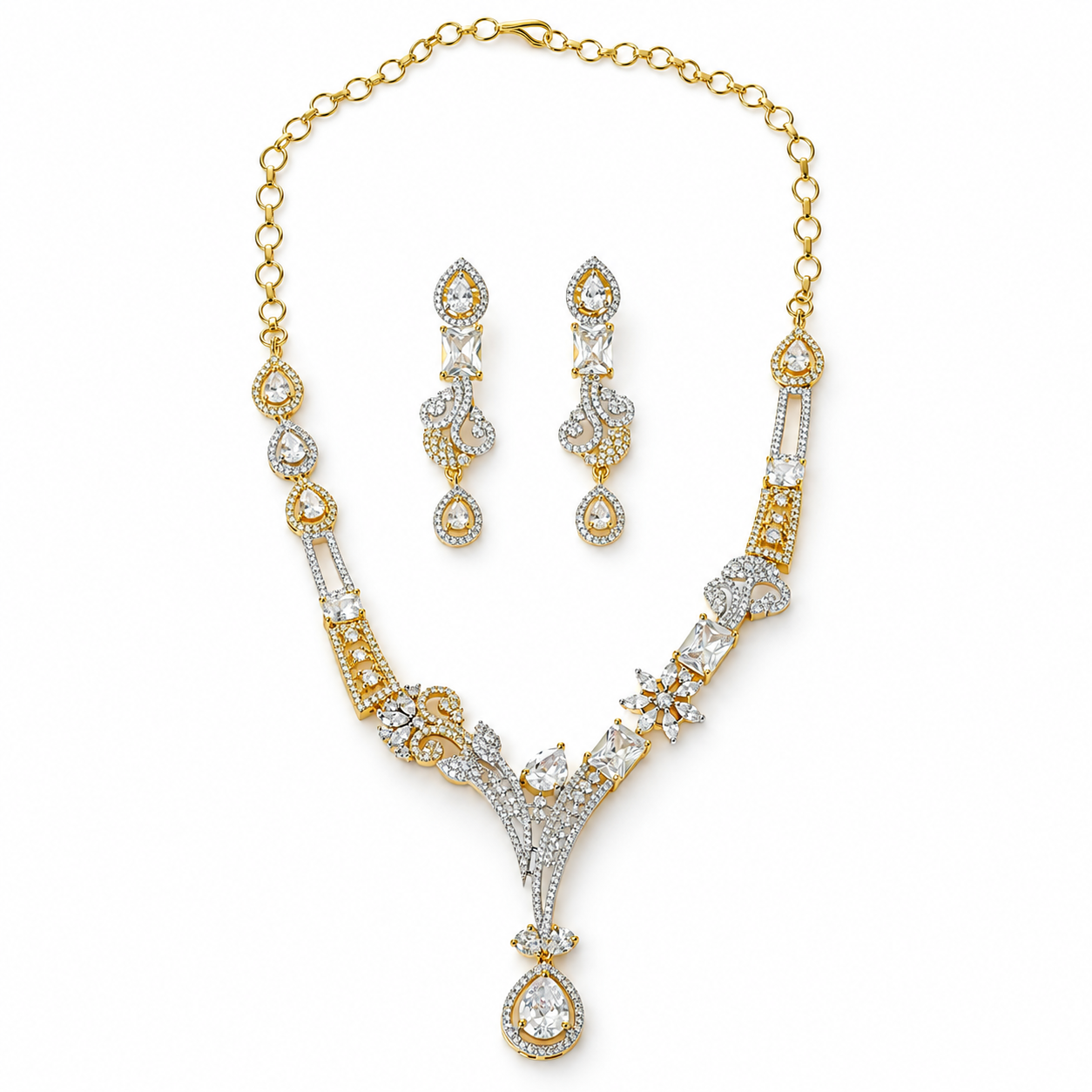 Solitaire Cubic Zirconia American Diamond Gold/Silver Plated Necklace Set