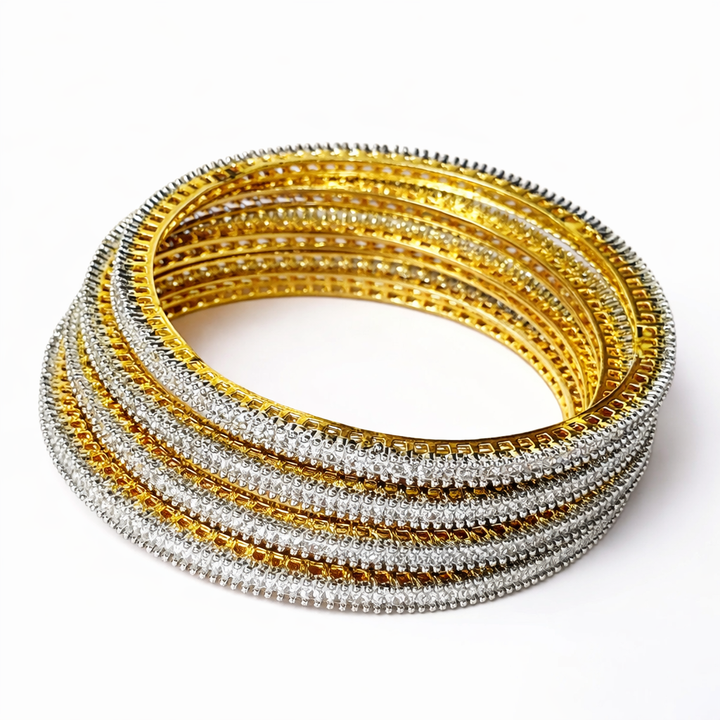 Solitaire Cubic Zirconia American Diamond Gold/Silver Plated Bangles, Set of 4