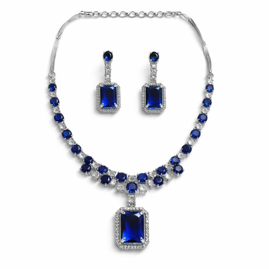 Blue Sapphire Cubic Zirconia American Diamond Silver Plated Necklace Set