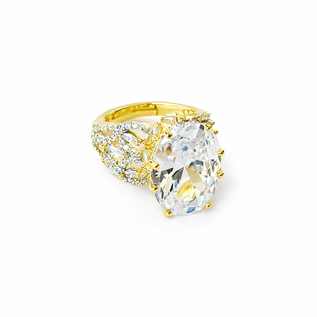 Solitaire Ice Cut American Diamond Gold Plated Adjustable Ring