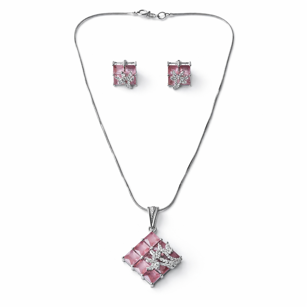 Pink Topaz Cubic Zirconia American Diamond Silver Plated Pendant Set