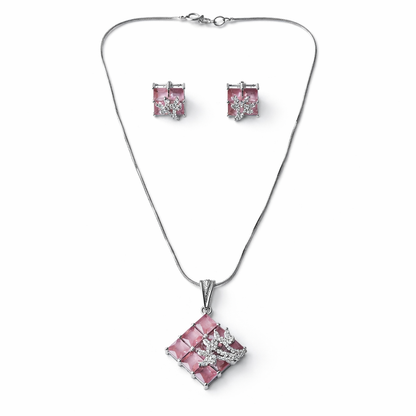 Pink Topaz Cubic Zirconia American Diamond Silver Plated Pendant Set