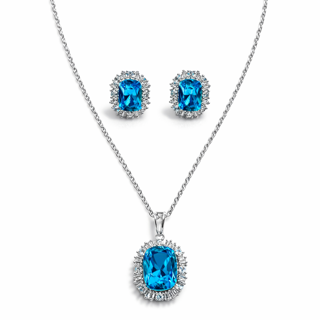 Aqua Blue Indicolite Swarovski Crystal Silver Plated Pendant Set