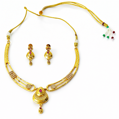 Red Ruby & Solitaire Cubic Zirconia American Diamond 1 Micron Gold Plated Necklace Set