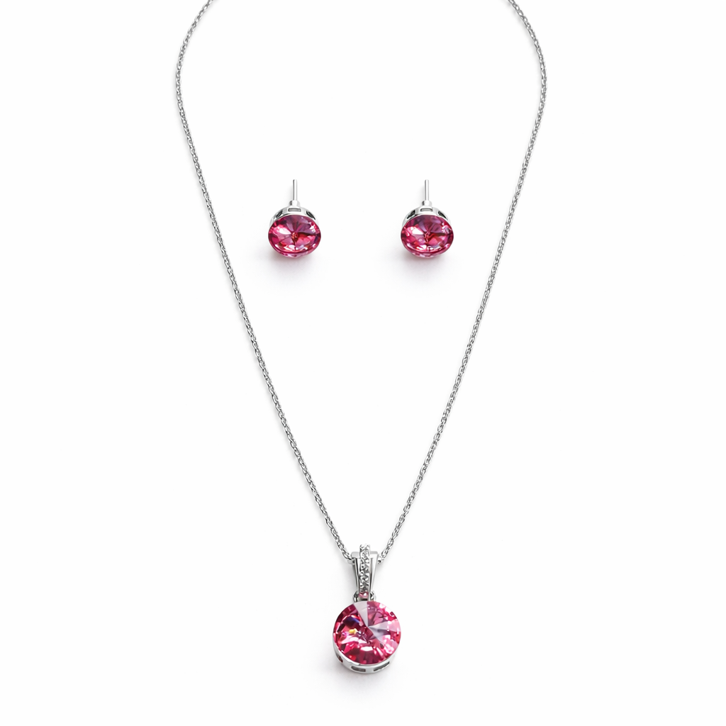 Light Pink Rose Swarovski Crystal Silver Plated Pendant Set