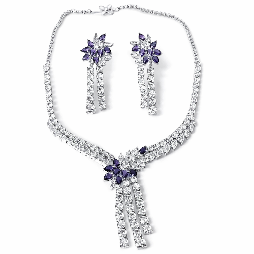 Purple Amethyst Cubic Zirconia American Diamond Silver Plated Necklace Set