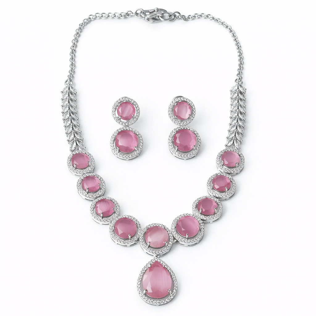 Pink Topaz Cubic Zirconia American Diamond Silver Plated Necklace Set