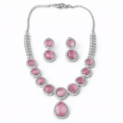 Pink Topaz Cubic Zirconia American Diamond Silver Plated Necklace Set