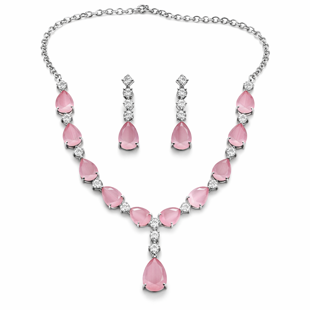 Pink Topaz Cubic Zirconia American Diamond Silver Plated Necklace Set