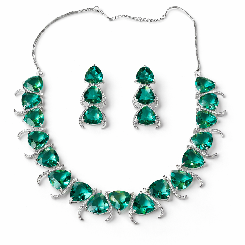 Sea Green Topaz Cubic Zirconia American Diamond Silver Plated Necklace Set