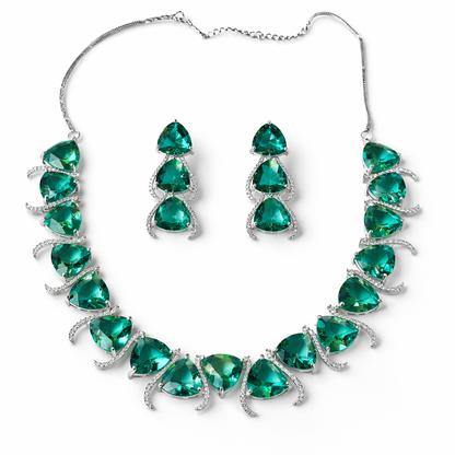 Sea Green Topaz Cubic Zirconia American Diamond Silver Plated Necklace Set