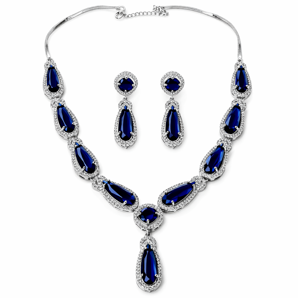 Blue Sapphire Cubic Zirconia American Diamond Silver Plated Necklace Set
