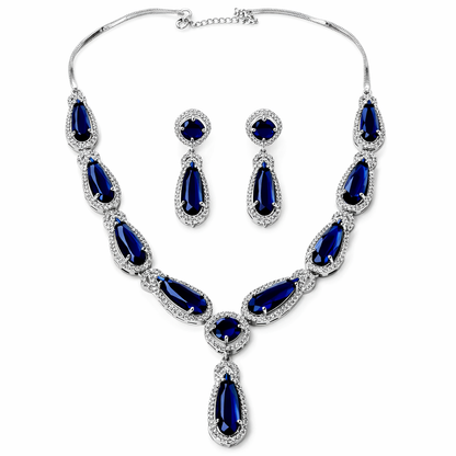 Blue Sapphire Cubic Zirconia American Diamond Silver Plated Necklace Set