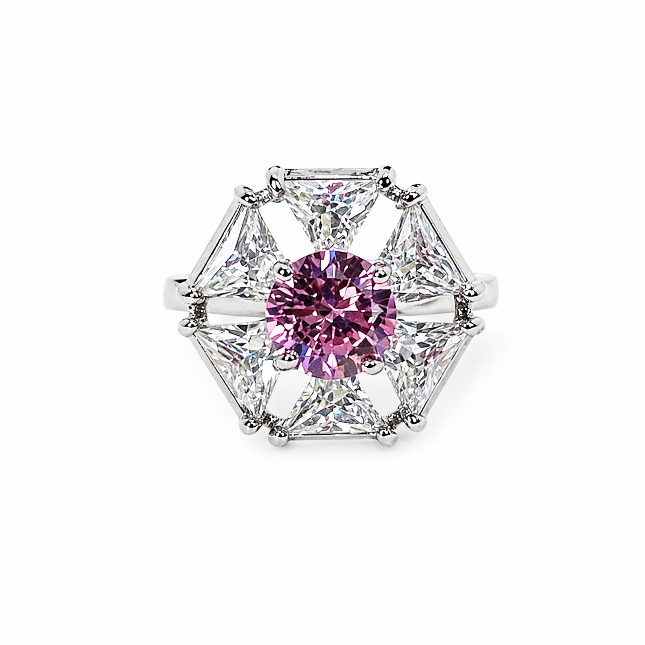 Pink Cubic Zirconia Topaz Ice Cut American Diamond Silver Plated Adjustable Ring