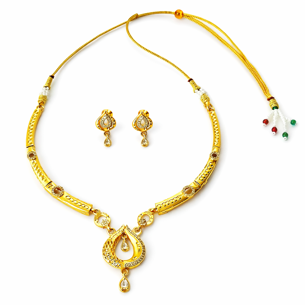 Solitaire Cubic Zirconia American Diamond 1 Micron Gold Plated Necklace Set