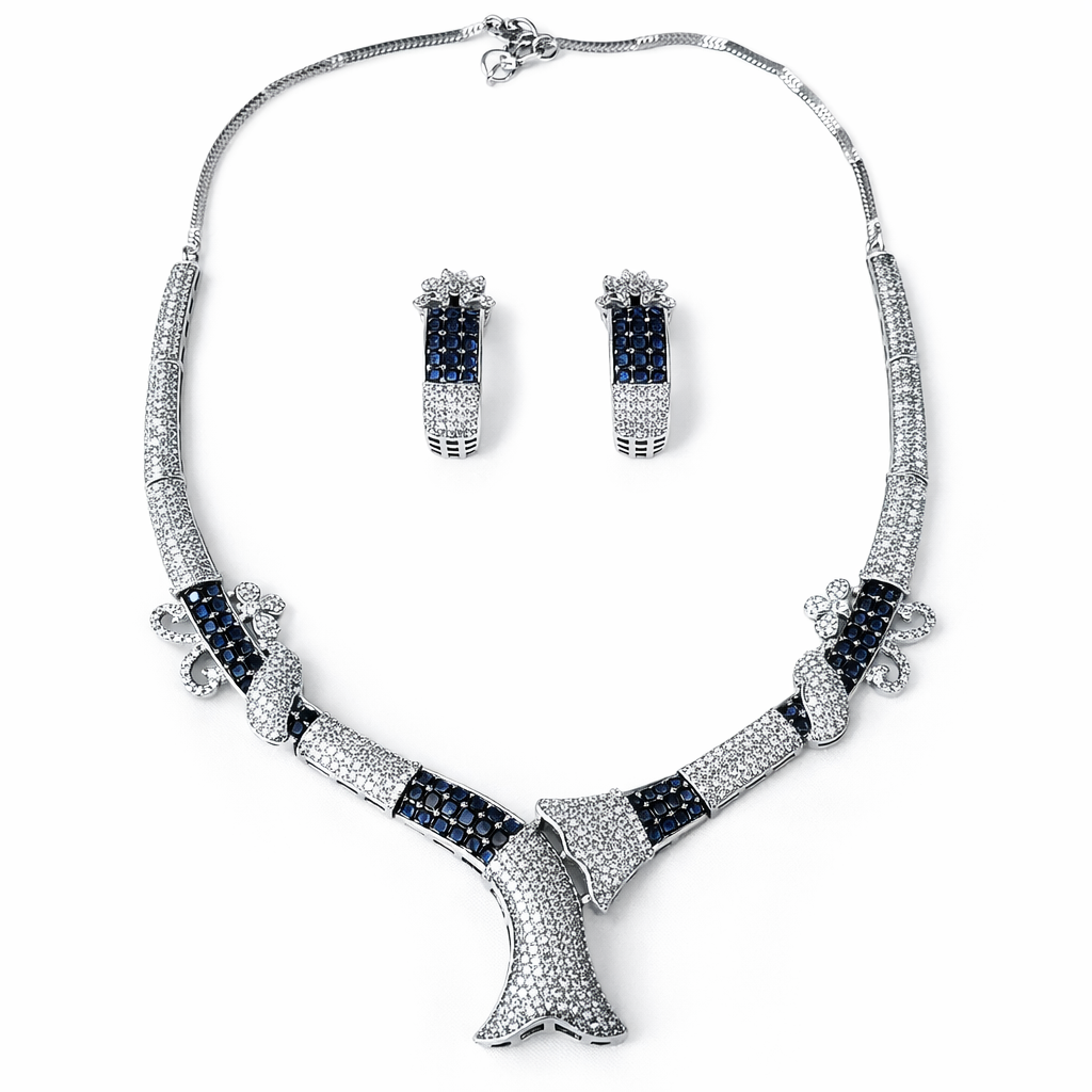 Blue Sapphire Cubic Zirconia American Diamond Silver Plated Necklace Set