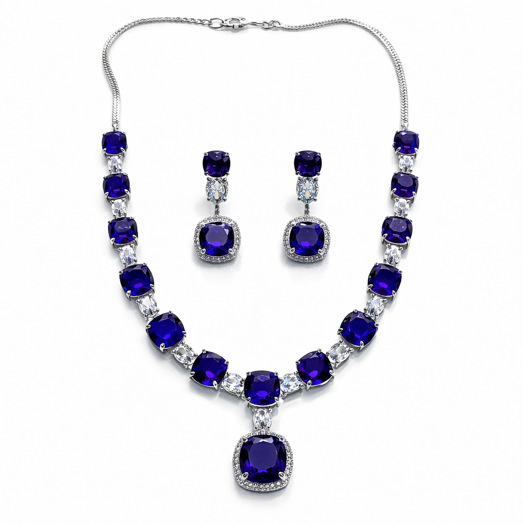 Blue Sapphire Cubic Zirconia American Diamond Silver Plated Necklace Set