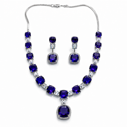 Blue Sapphire Cubic Zirconia American Diamond Silver Plated Necklace Set