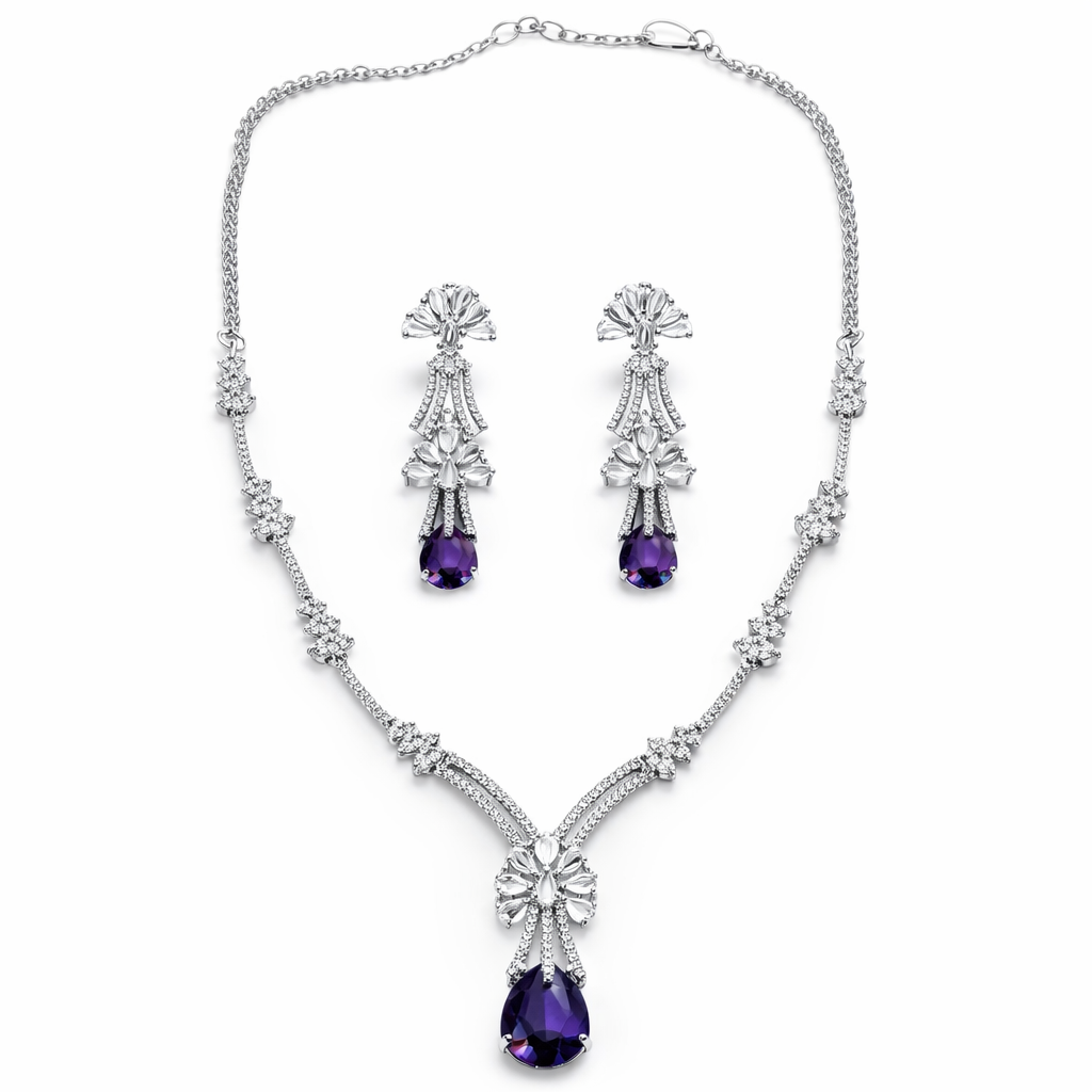 Purple Amethyst Cubic Zirconia American Diamond Silver Plated Necklace Set
