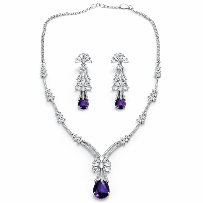 Purple Amethyst Cubic Zirconia American Diamond Silver Plated Necklace Set