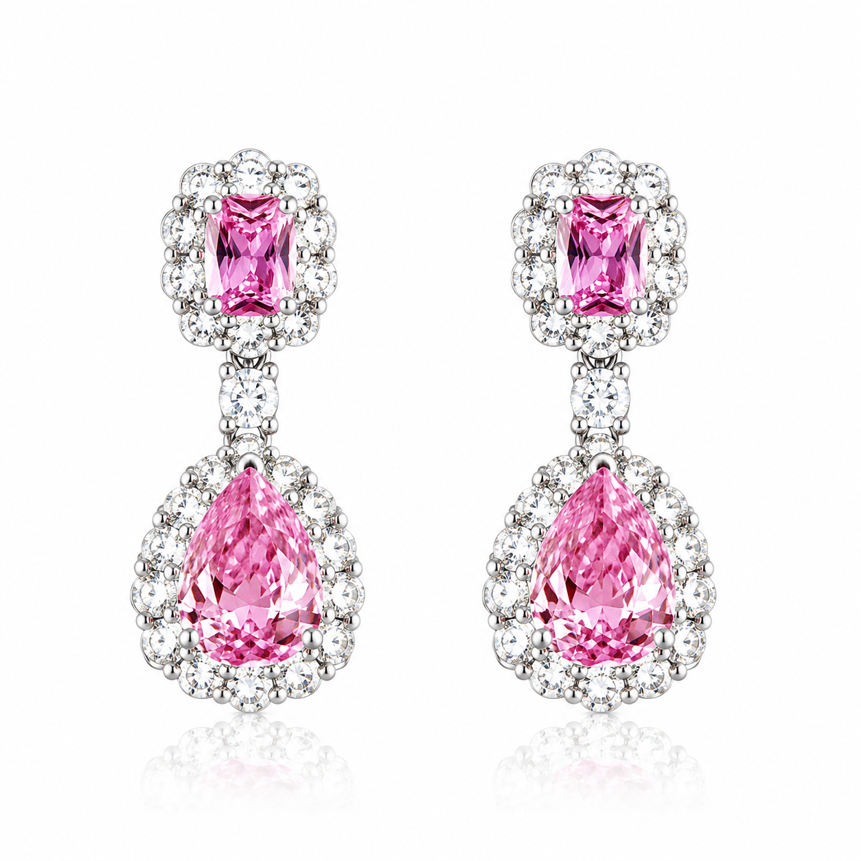 Pink Topaz Cubic Zirconia Ice Cut American Diamond Silver Plated Earrings