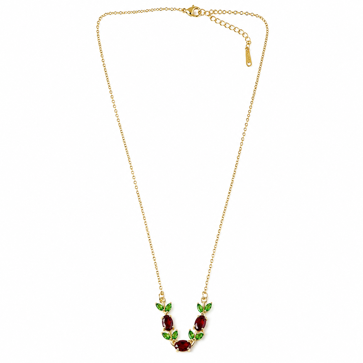 Green Emerald & Red Ruby Cubic Zirconia Tulip Design American Diamond Gold Plated Stainless Steel Necklace