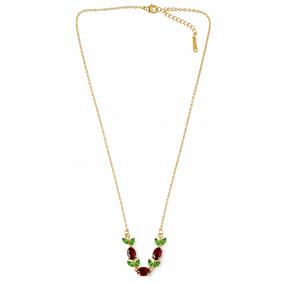 Green Emerald & Red Ruby Cubic Zirconia Tulip Design American Diamond Gold Plated Stainless Steel Necklace