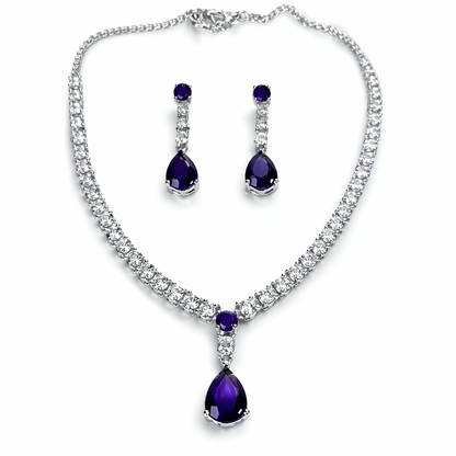 Purple Amethyst Cubic Zirconia American Diamond Silver Plated Necklace Set