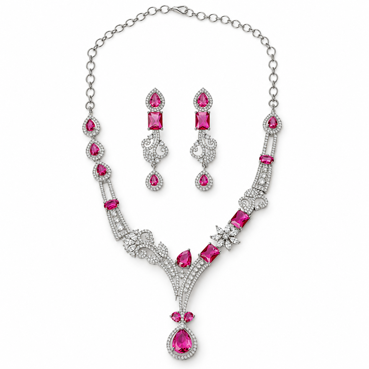 Red Ruby Cubic Zirconia American Diamond Silver Plated Necklace Set