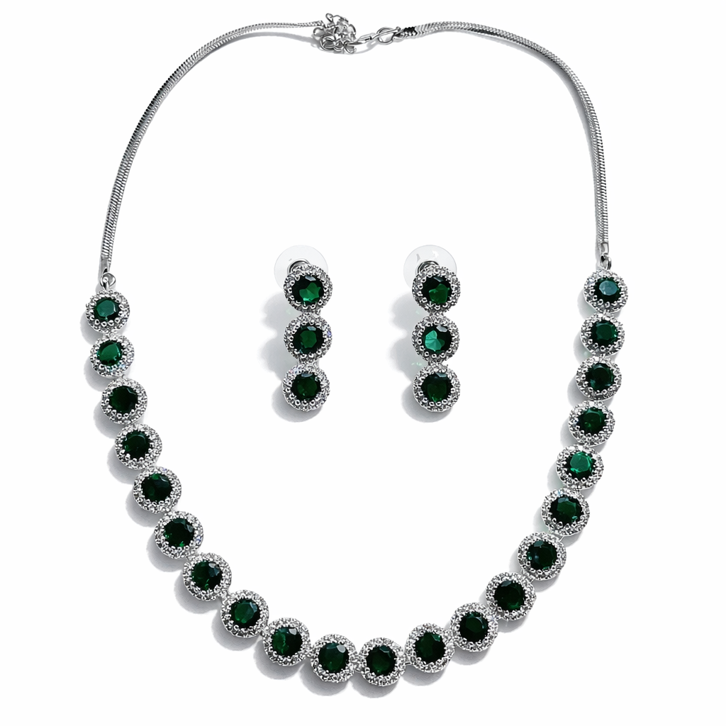 Green Emerald Cubic Zirconia American Diamond Silver Plated Necklace Set
