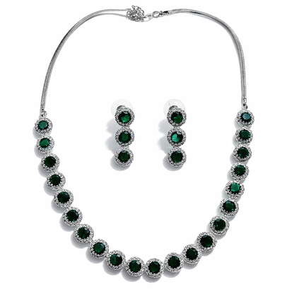 Green Emerald Cubic Zirconia American Diamond Silver Plated Necklace Set