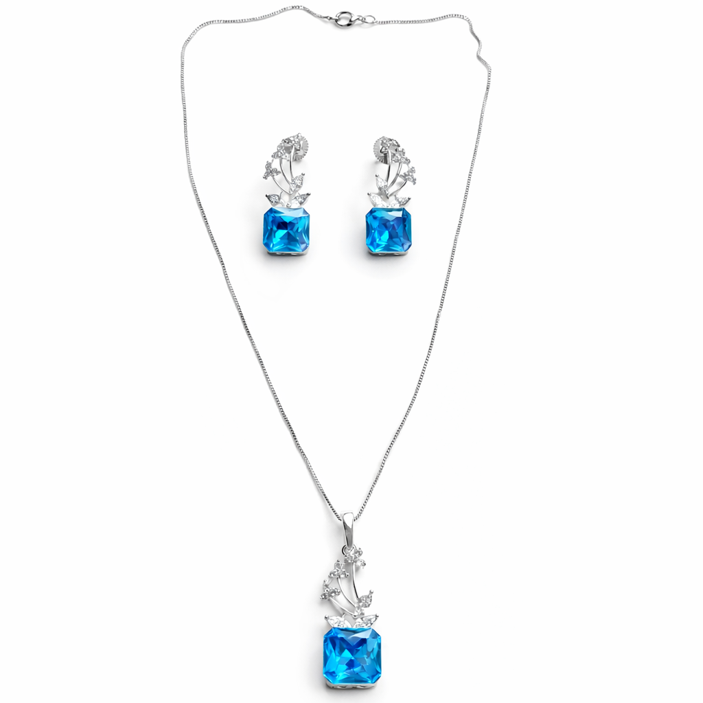 Aqua Blue Indicolite Swarovski Crystal American Diamond Silver Plated Pendant Set