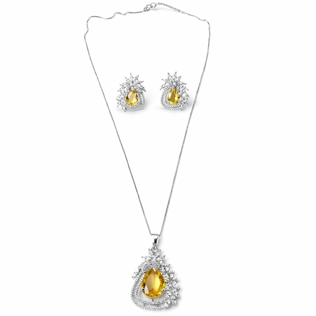 Yellow Topaz Cubic Zirconia American Diamond Silver Plated Pendant Set
