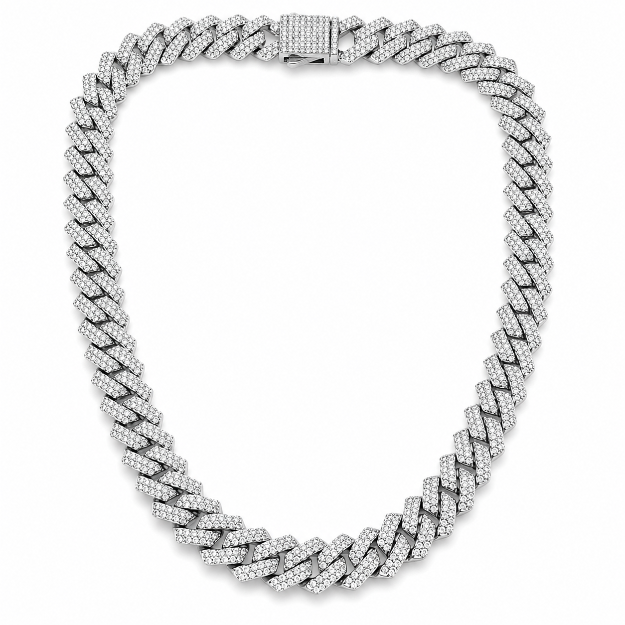 Solitaire Cubic Zirconia Iced-Out American Diamond Silver Plated Cuban Neck Chain [Unisex (18 Inches)]