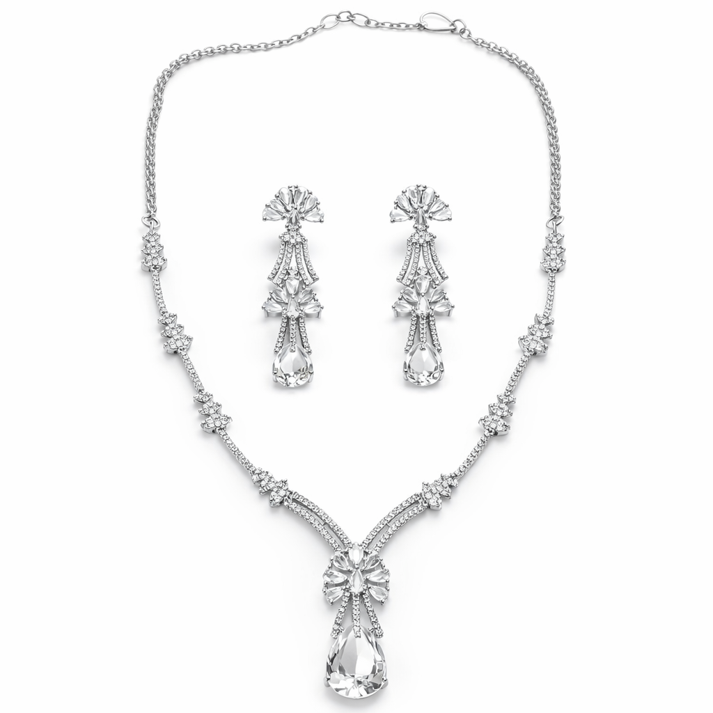 Solitaire Cubic Zirconia American Diamond Silver Plated Necklace Set