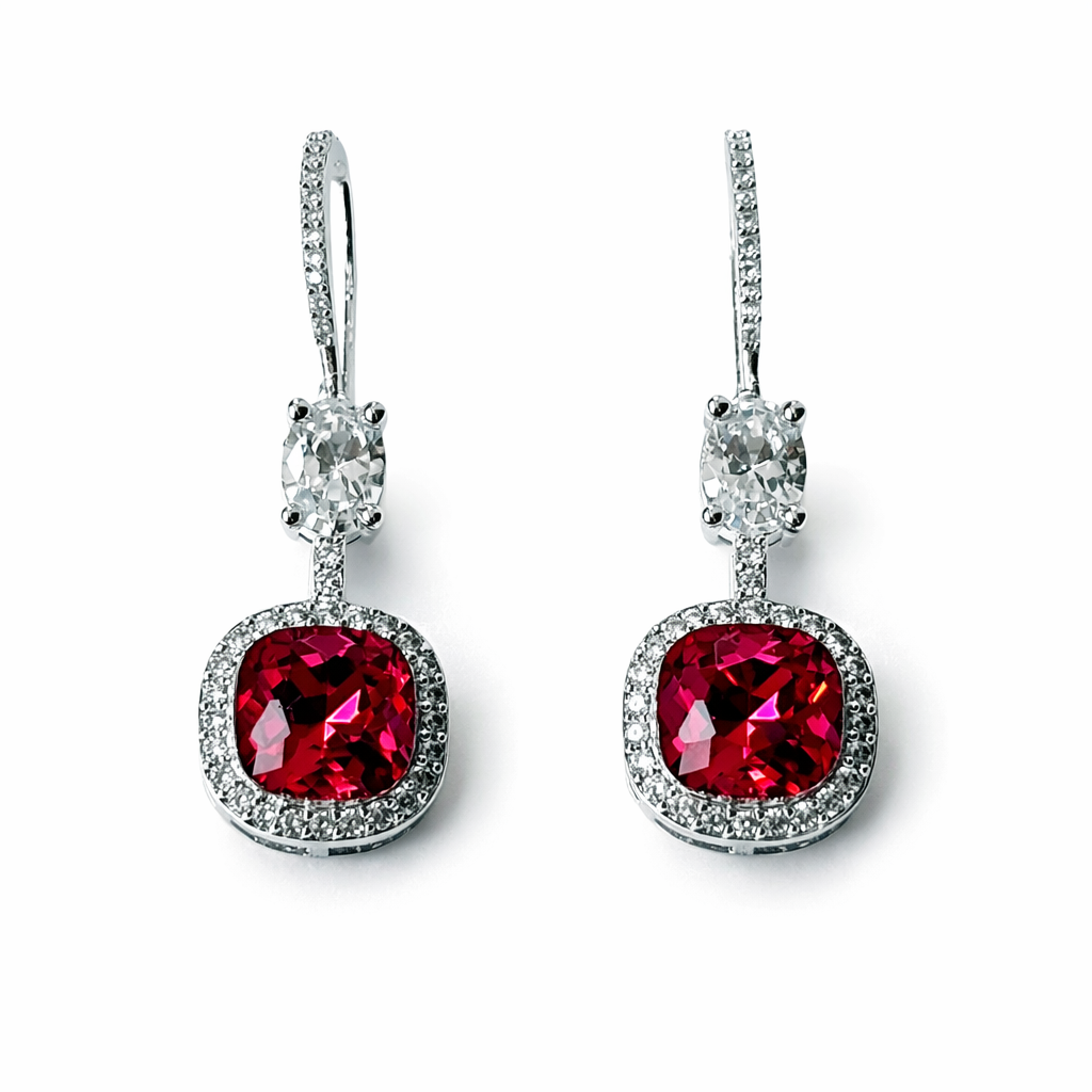 Red Siam Swarovski Crystal American Diamond Silver Plated Earrings