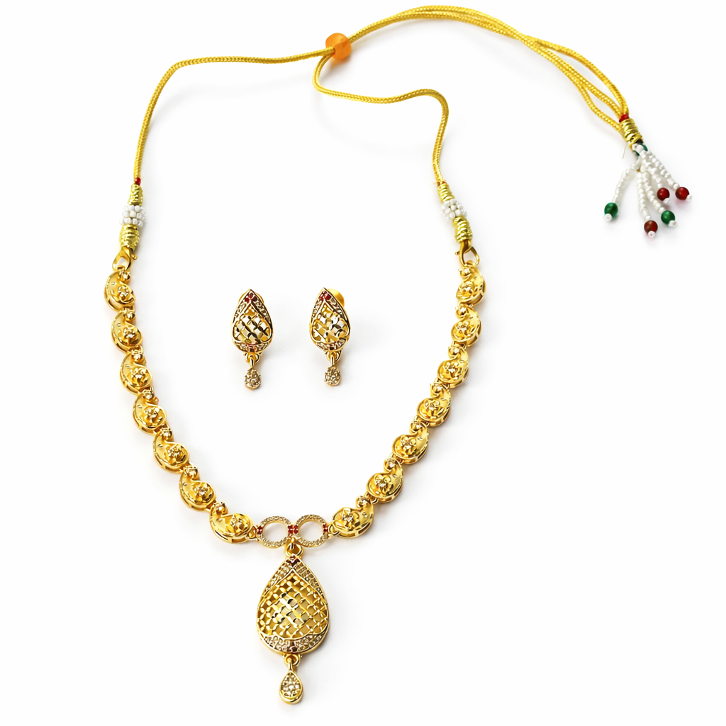 Red Ruby & Solitaire Cubic Zirconia American Diamond 1 Micron Gold Plated Necklace Set